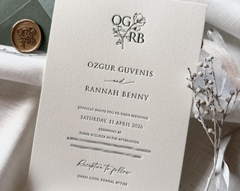 Letterpress Wedding Invitation: Olive Green, Personalized Monogram, Botanical Floral Invites.