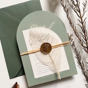 Sage Green Wedding Invitation with Olive Green Envelopes. Modern Calligraphy Arch and Half Arch Invites. Minimalist and Rustic - DEPOSIT