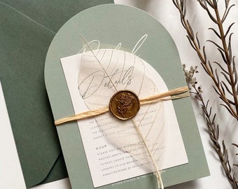 Sage Green Arch Wedding Invitation Suite, Modern Calligraphy, Olive Hunter Envelopes, Personalised Stationery.
