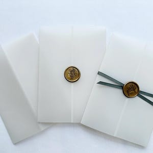 Pre-folded 5x7 Vellum jacket, wax seals and green satin ribbons for wedding invitation, vellum paper
