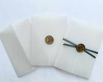 5x7 Vellum Jacket with Wax Seals & Green Satin Ribbon: Wedding Invitation