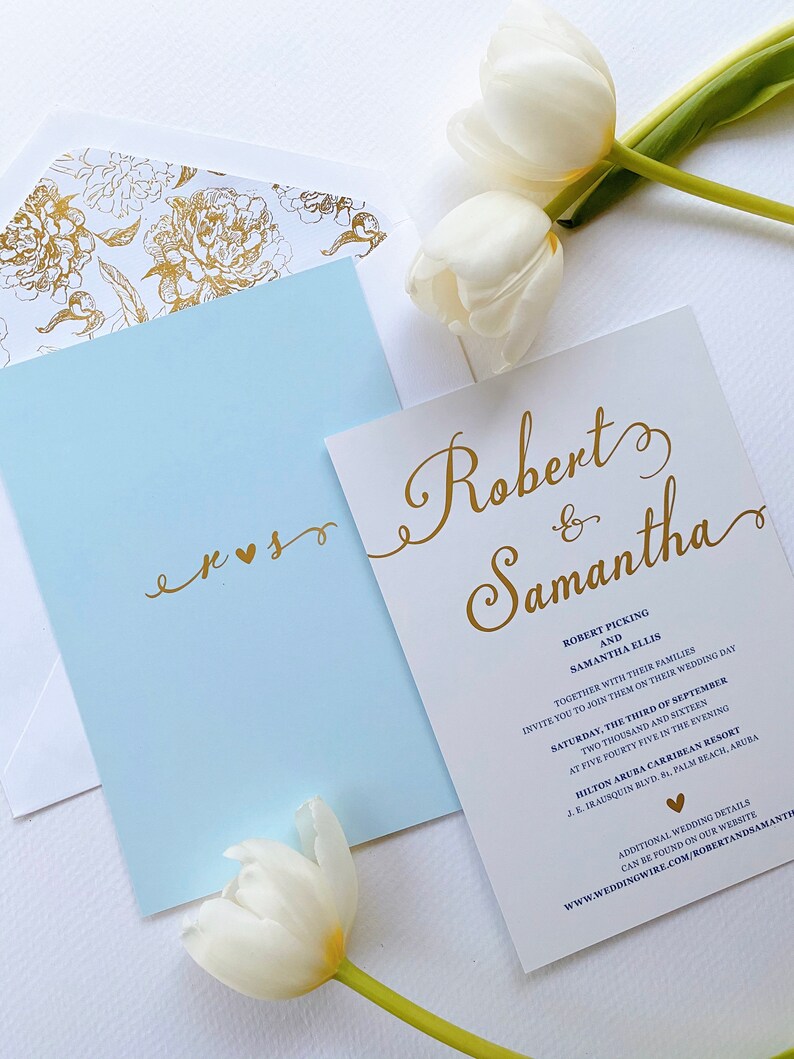 Light Blue Wedding Invites Gold Foiled Wedding Invitation in Baby Blue Little Bridge Design DEPOSIT Simple and Elegant Invitations