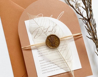 Terracotta Arch Wedding Invitation: Modern Calligraphy, Earthy Tones, Brown Envelopes, Wax Seals, Envelope Liner.