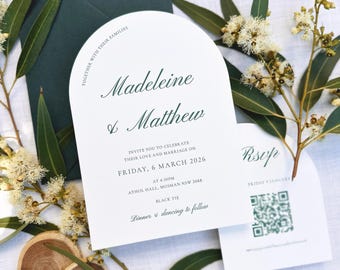 Classic Letterpress Arch Wedding Invitation Suite in Green. Personalised Stationery. Garden, Minimalist Invite Design