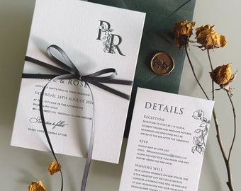 Letterpress Wedding Invitation with Floral Personalised Monogram, Olive Green, Personalized Monogram, Botanical