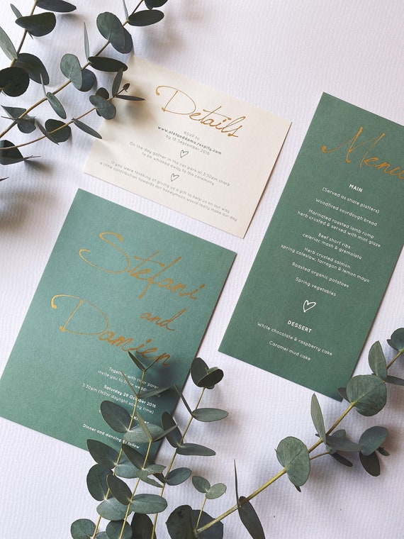 Gold Foil Wedding Invitation in Sage Green. Simple Modern