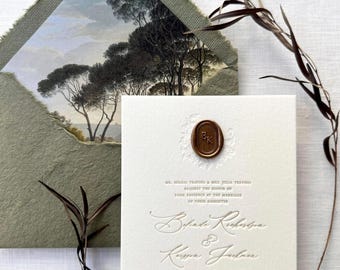 Monogram Wax Seal Wedding Invitation, Blind Letterpress, Neutral Olive Green