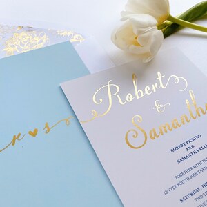 Light Blue Wedding Invites Gold Foiled Wedding Invitation in Baby Blue Little Bridge Design DEPOSIT Simple and Elegant Invitations