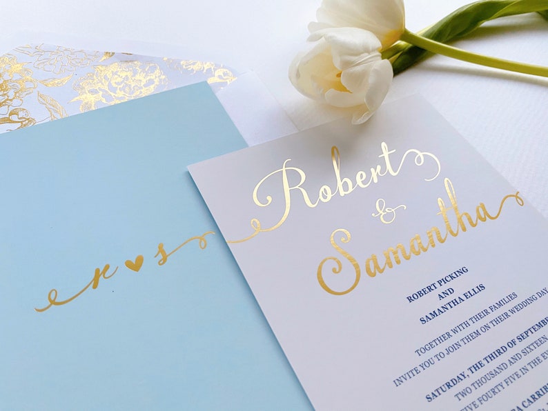 Light Blue Wedding Invites Gold Foiled Wedding Invitation in Baby Blue Little Bridge Design DEPOSIT Simple and Elegant Invitations