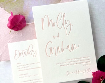 Pink Letterpress Wedding Invitation, Modern Calligraphy, Baby Pink, Peach Stationery