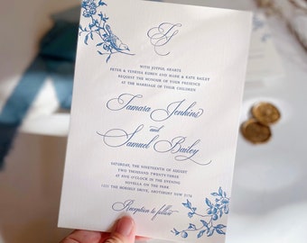 Letterpress Bird & Floral Wedding Invitation in Blue and White, Botanical, Springtime, Garden Invite