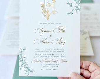 Letterpress Bird Garden Wedding Invitation in Sage Green & Gold Foil, Personalized Monogram, Personalised Invite