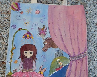 Once upon a time-Hand-painted beige cotton tote bag by EMMANOUELA-Size: 37x41cm (14.6''x16.1'')