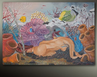 Leucothea huilt op een koraalrif-Origineel kunst zeegezicht olieverfschilderij op doek door EMMANOUELA-Afmetingen: 150x100cm (59.1''x39.4'')