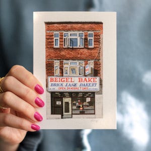 Brick Lane - Beigel Bake - Carte de voeux avec enveloppe - Shoreditch - Art londonien - Illustration aquarelle