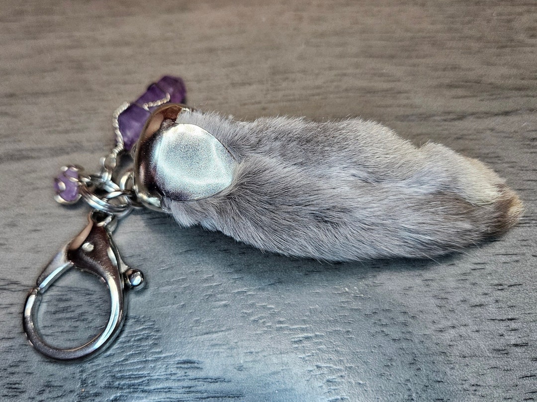 Natural Grey Large Rabbit Foot Keychain With Amethyst Stone Dangles Etsy