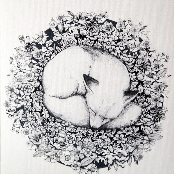 Fox illustration - dormir en fleurs - art animal mignon - Fox imprime format A4