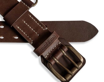 Belt, Heavy Duty, dark brown color, hand stitched, double prong buckle, 40mm (1.57") incl. extra belt loop