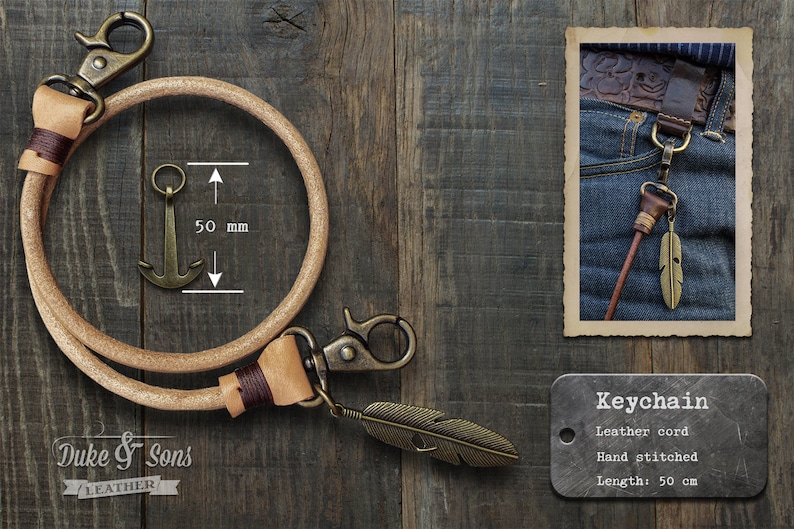 50 CM Keychain with old bronze feather* natural leather