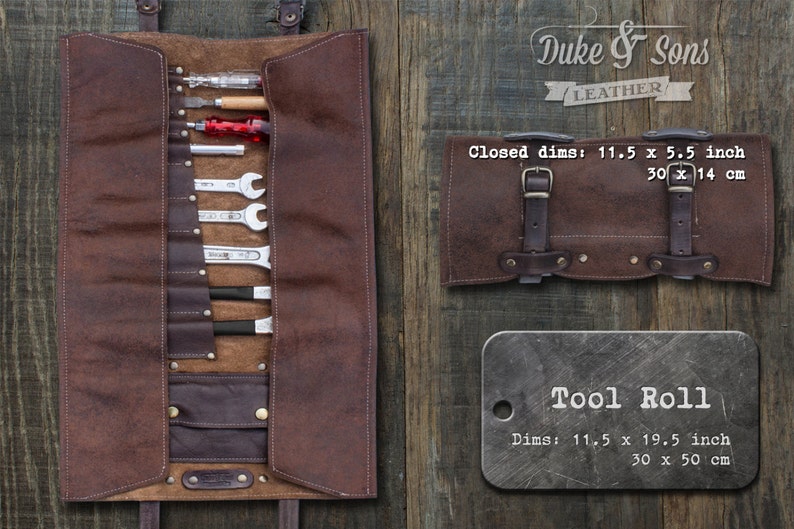 Tool Roll, brown leather, with pockets to store your tools image 2