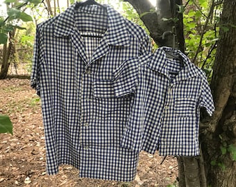 50s Vintage Mother and baby boy matching BLUE checked shirts, handmade