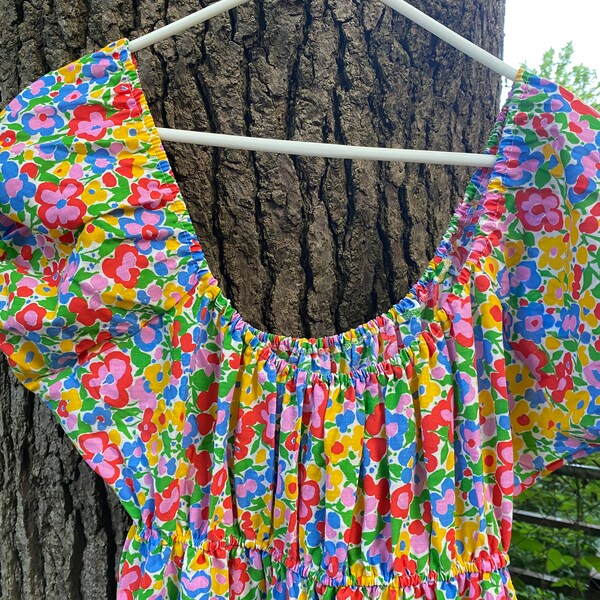 Hand made 70s bright floral peasant/prairie long dress size L