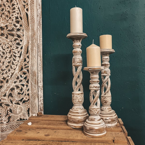 White Distressed Twisted Wood Pillar Candle Holder Handmade | Various Sizes