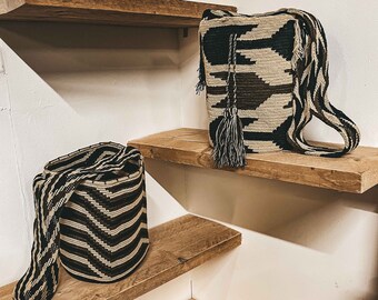 Mochila Bag with pattern Wayuu Tribe Colombia  black, brown, beige Boho Handbag Crossbody Strap