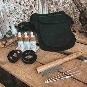 Verktygspaket för dreadlocktillverkning | Loctician-paket | Bältespåse, oljor, noppor, virknålar