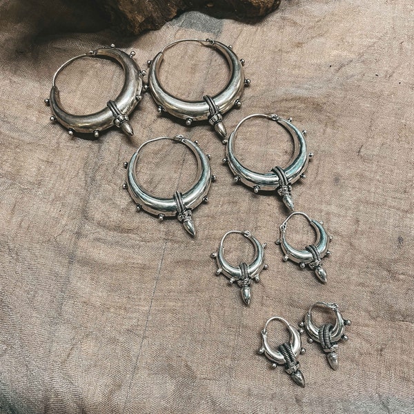 Medi Earrings Silver Plated Indian Tribal Warrior Hoop Earrings Chunky Detailed Earrings Boho Ethnic Gypsy | 3 Sizes