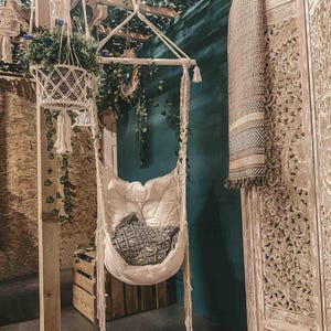 Macrame Hammock Swing Chair, Hanging Cotton Buttoned Pillow Seat