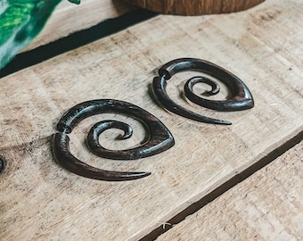 Mini Spiral Earrings Wooden Tribal Fake Gauge