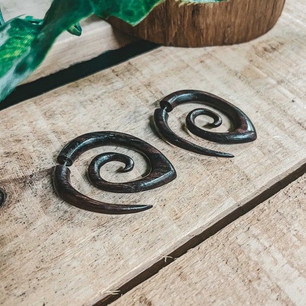 Mini Spiral Earrings Wooden Tribal Fake Gauge