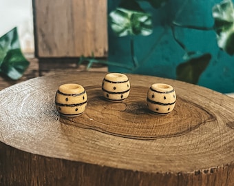 3 Wooden Barrel Tribal Dreadlock Beads Pyrography Hole 6mm