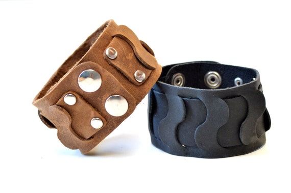 Black Brown Leather Cuff Bracelet for Men and Women Adjustable | Etsy