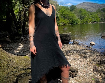 Fringe Linen Maxi Dress: Asymmetric Boho Festival Clothing