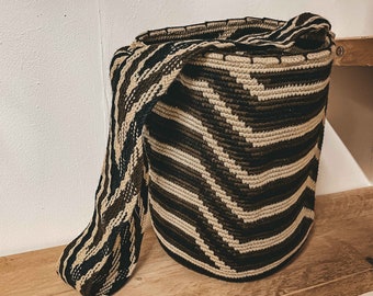 Mochila Bag with pattern Wayuu Tribe Colombia  black, brown, beige Boho Handbag Crossbody Strap