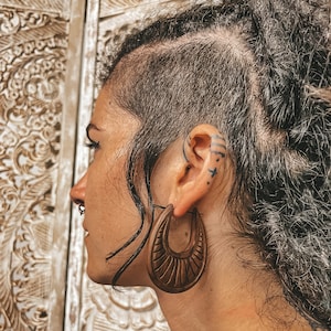 Wooden Cocos Oval Tribal Earrings Handmade Ethnic Carved Wood