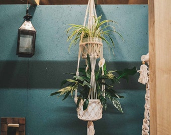 Macrame Plant Hanger White Single or Double Tier Eco Organic Boho Home Decor