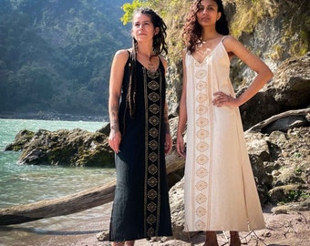 Blocktryckt Tribal Maxiklänning Boho Gudinna Svart Guld, Beige Guld