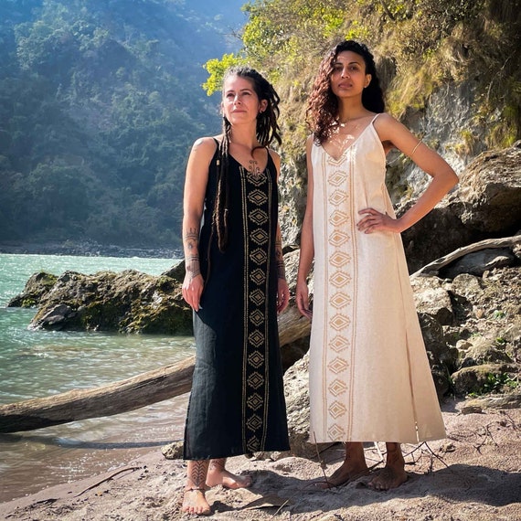 Block Print Tribal Maxi Dress Bohemian Goddess Black Gold, Beige Gold