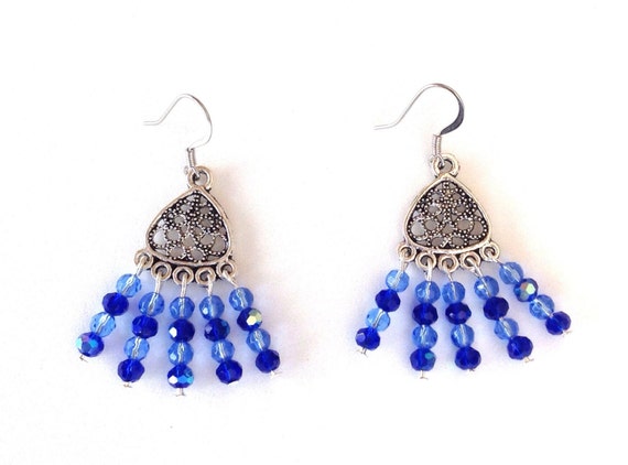 Blue crystal filigree chandelier earrings | Etsy
