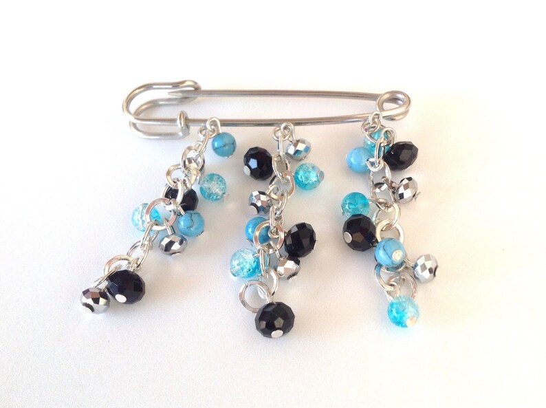 Safety pin brooch with chain dangles and turquoise and black Etsy