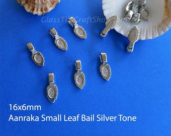 50 Aanraka Leaf Bails - 16x6mm Silver Tone Glue on Small Bails for Pendants (SAANRAKA)