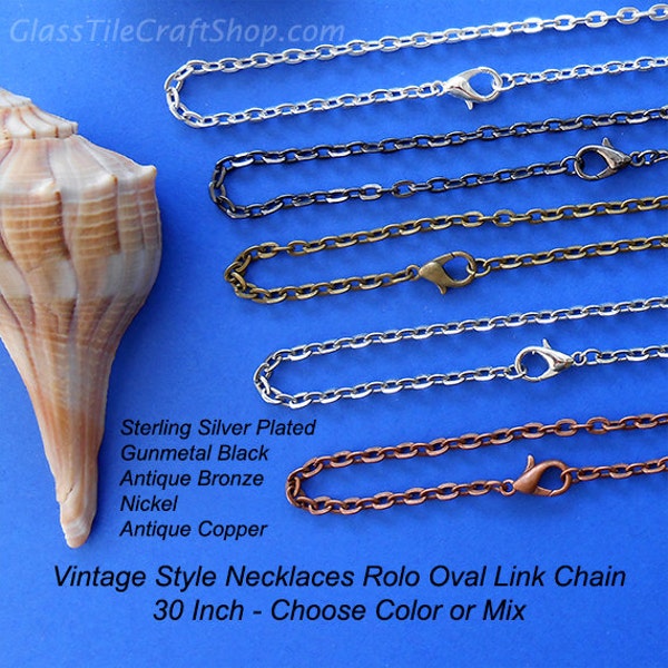 50 Chain Necklaces - 30 Inch, 3x4mm Oval Links, Silver, Antique Bronze, Antique Copper, Nickel, Gunmetal Black. (MIXRCN30)