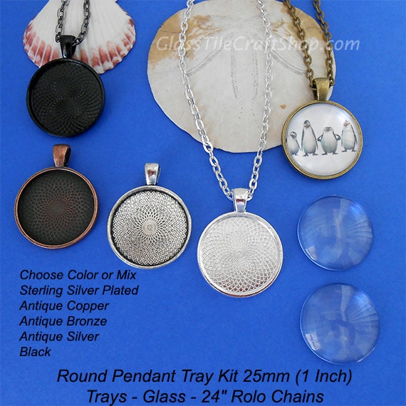10 Diy Pendant Kits 25mm Round Trays And Glass Cabochons Image 0