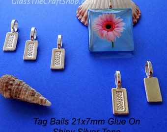 50 Pack Silver Tag Bails - 21x7mm Shiny Silver Color Glue on Bails for Pendants. (21X7TAGS)