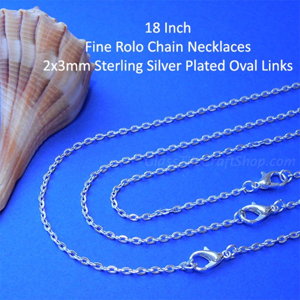 10 Fine Rolo Chain Necklaces, 18 Inch, 2x3mm Sterling Silver Plated Oval Links,  DIY Necklaces (SSPFRCN18)