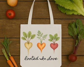 Botanical Heart Veggie Tote Bag, Farmhouse Garden Lover Gift