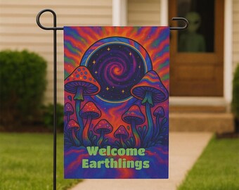 Customizable Psychedelic Mushroom Garden Flag: Double-Sided Galaxy Yard Decor